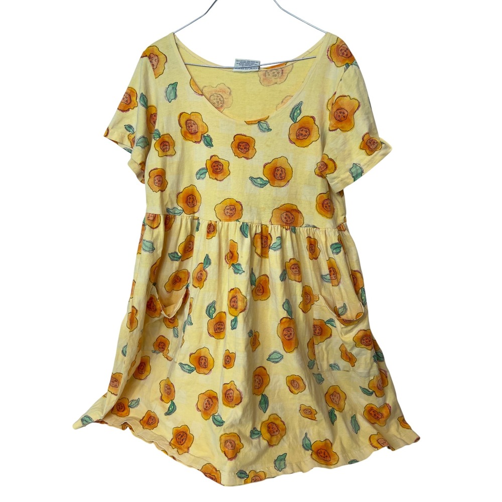 Fresh Produce Yellow Floral Poppy T-Shirt Dress Pockets USA Made Womens Medium